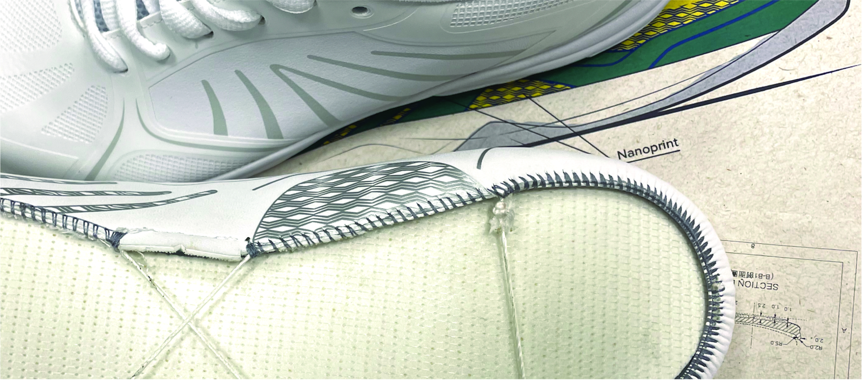 Close up of a pair of white sneakers focusing on the nanoprint
