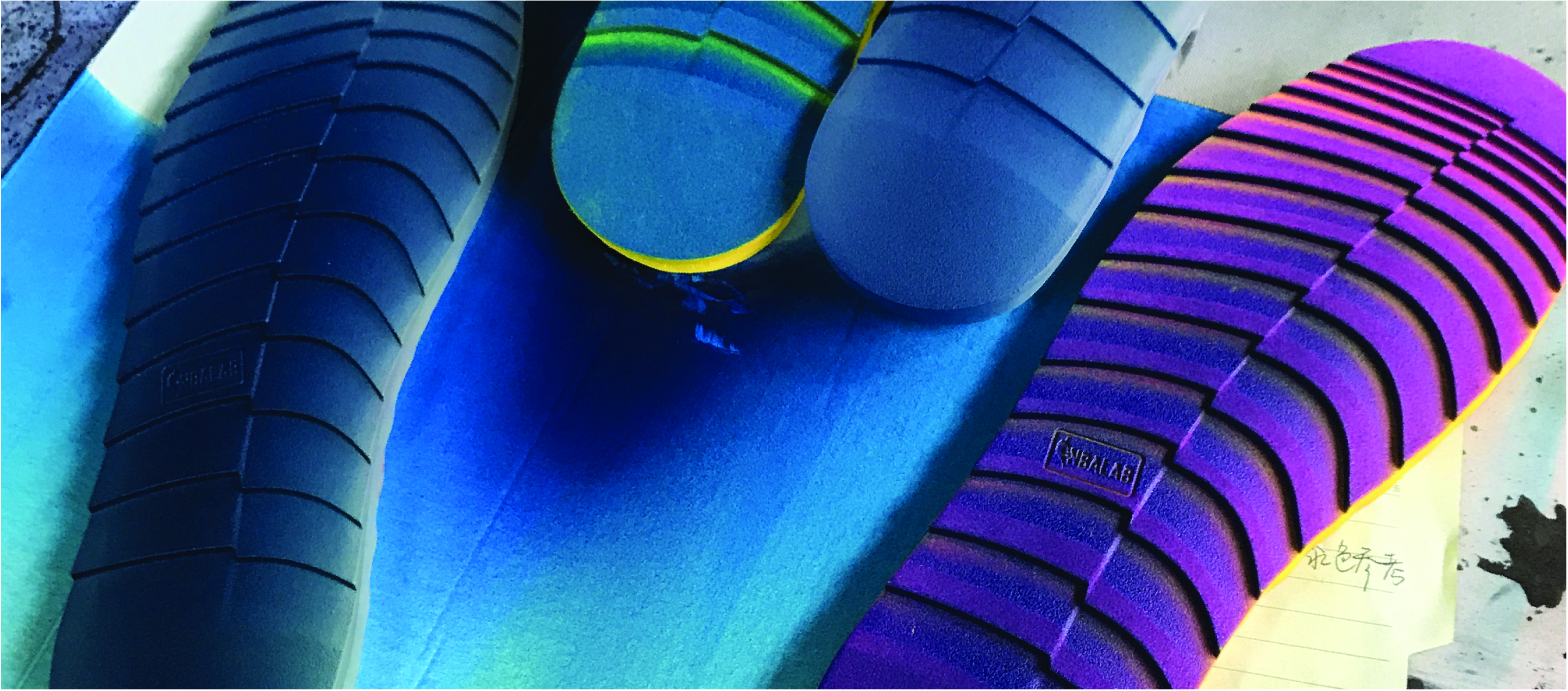 Blue and purple shoe soles